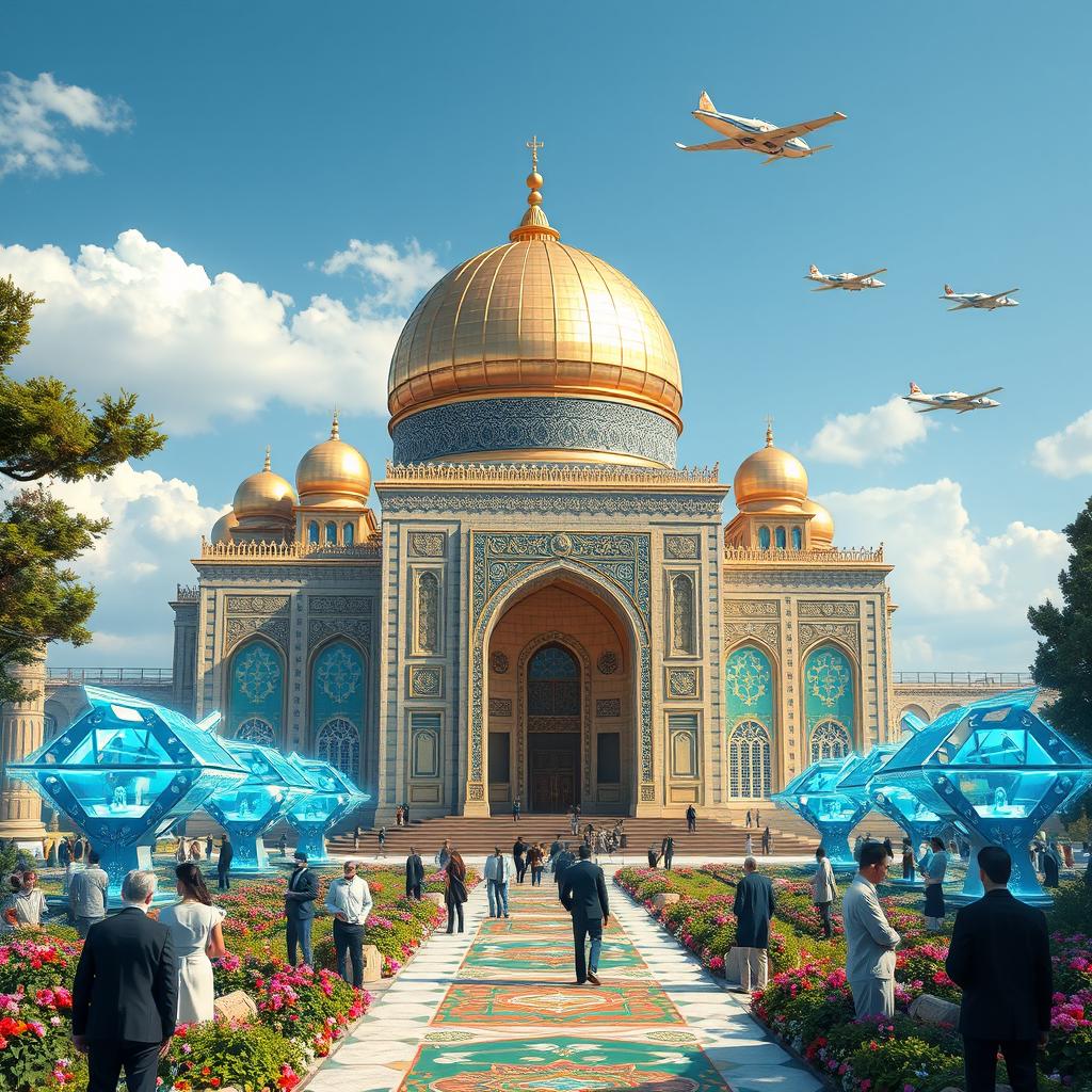A stunning depiction of the Imam Reza Shrine in the year 3500, showcasing a blend of traditional Islamic architecture and futuristic enhancements