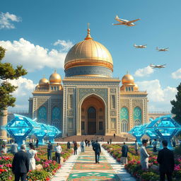 A stunning depiction of the Imam Reza Shrine in the year 3500, showcasing a blend of traditional Islamic architecture and futuristic enhancements