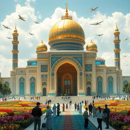 A stunning depiction of the Imam Reza Shrine in the year 3500, showcasing a blend of traditional Islamic architecture and futuristic enhancements