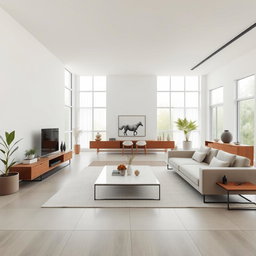 A modern minimalist interior design, showcasing a spacious open-plan living area with natural light flooding in through large windows