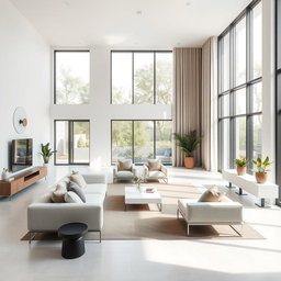 A modern minimalist interior design, showcasing a spacious open-plan living area with natural light flooding in through large windows