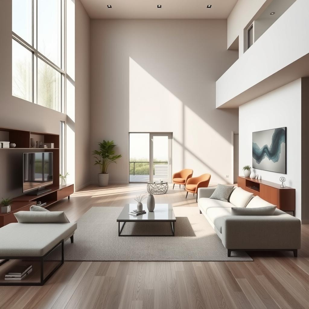 A modern minimalist interior design, showcasing a spacious open-plan living area with natural light flooding in through large windows