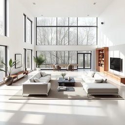 A modern minimalist interior design, showcasing a spacious open-plan living area with natural light flooding in through large windows