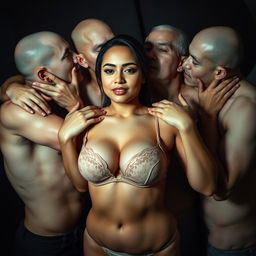 A group of Indonesian men with pure white skin are hugging a beautiful 28-year-old woman from behind in a very affectionate yet intimidating manner