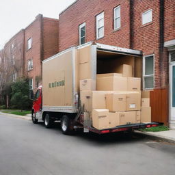 A large, sturdy removal truck loaded with assorted furniture and moving boxes, ready to depart against the backdrop of a suburban street.