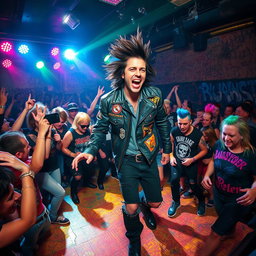 An energetic punk rock concert scene featuring a dynamic band playing on a vibrant stage, with a crowded audience jumping and moshing