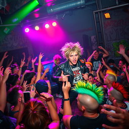 An energetic punk rock concert scene featuring a dynamic band playing on a vibrant stage, with a crowded audience jumping and moshing