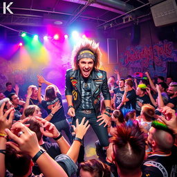 An energetic punk rock concert scene featuring a dynamic band playing on a vibrant stage, with a crowded audience jumping and moshing