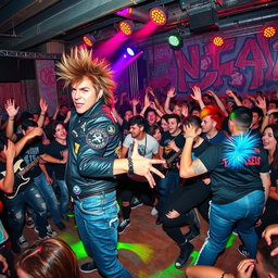An energetic punk rock concert scene featuring a dynamic band playing on a vibrant stage, with a crowded audience jumping and moshing