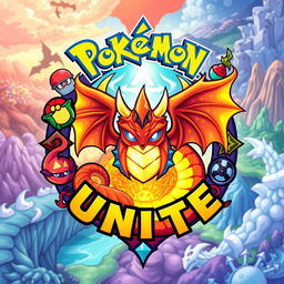 A detailed and vibrant illustration of a Pokémon Unite logo featuring a dragon-themed item at the center