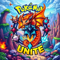 A detailed and vibrant illustration of a Pokémon Unite logo featuring a dragon-themed item at the center