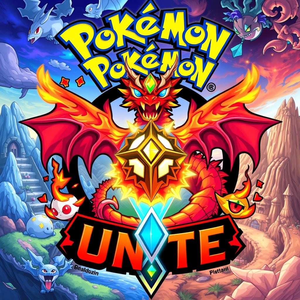A detailed and vibrant illustration of a Pokémon Unite logo featuring a dragon-themed item at the center