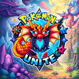A detailed and vibrant illustration of a Pokémon Unite logo featuring a dragon-themed item at the center