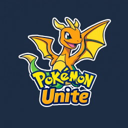 A stylized logo for Pokémon Unite featuring Dragonite, the charming orange dragon Pokémon with large wings and a friendly smile