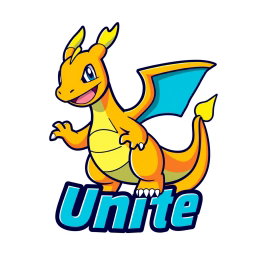 A stylized logo for Pokémon Unite featuring Dragonite, the charming orange dragon Pokémon with large wings and a friendly smile