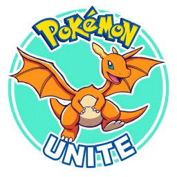 A stylized logo for Pokémon Unite featuring Dragonite, the charming orange dragon Pokémon with large wings and a friendly smile