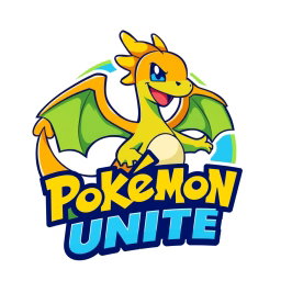 A stylized logo for Pokémon Unite featuring Dragonite, the charming orange dragon Pokémon with large wings and a friendly smile
