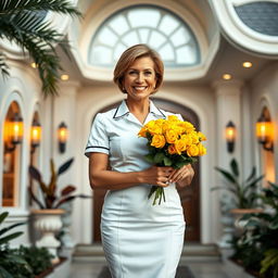 A full body image of a mature woman with a face that reflects her 50 years, elegantly dressed in a nurse's uniform featuring a fitted white skirt