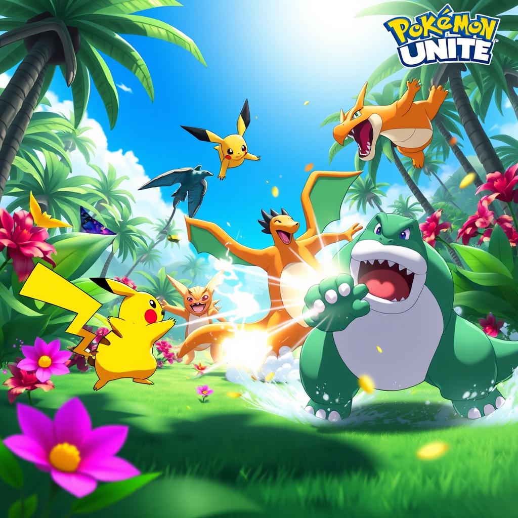 A vibrant and action-packed scene from a Pokémon battle in Pokémon Unite, featuring iconic Pokémon such as Pikachu, Charizard, and Snorlax in a tropical battlefield