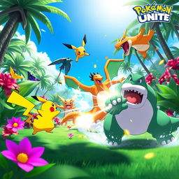 A vibrant and action-packed scene from a Pokémon battle in Pokémon Unite, featuring iconic Pokémon such as Pikachu, Charizard, and Snorlax in a tropical battlefield