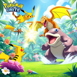 A vibrant and action-packed scene from a Pokémon battle in Pokémon Unite, featuring iconic Pokémon such as Pikachu, Charizard, and Snorlax in a tropical battlefield