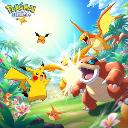 A vibrant and action-packed scene from a Pokémon battle in Pokémon Unite, featuring iconic Pokémon such as Pikachu, Charizard, and Snorlax in a tropical battlefield