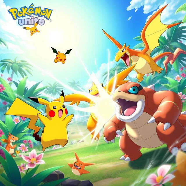 A vibrant and action-packed scene from a Pokémon battle in Pokémon Unite, featuring iconic Pokémon such as Pikachu, Charizard, and Snorlax in a tropical battlefield