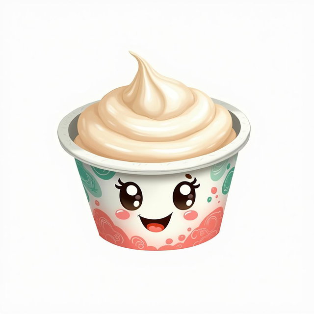 A delightful illustration of a yogurt package featuring a cute smiling face with big, dreamy eyes