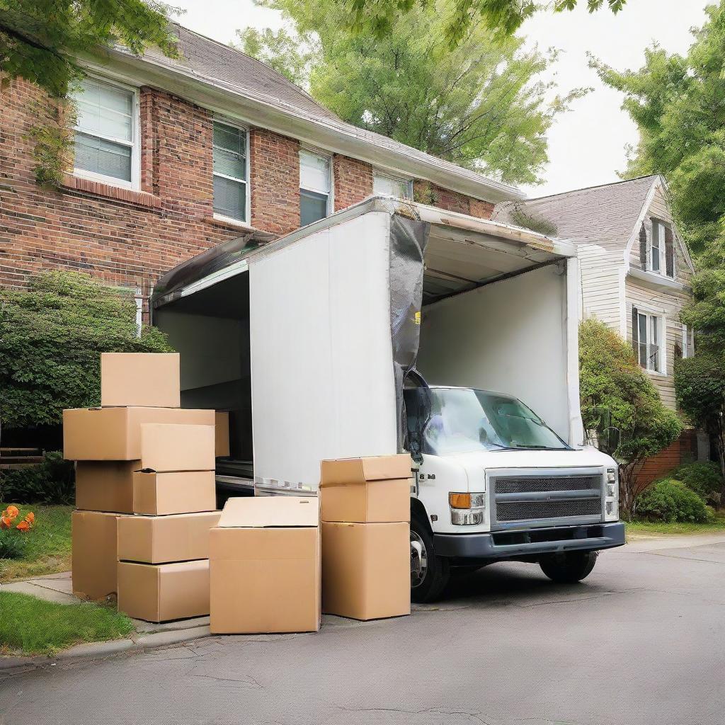 A large, sturdy removal truck loaded with assorted furniture and moving boxes, ready to depart against the backdrop of a suburban street.