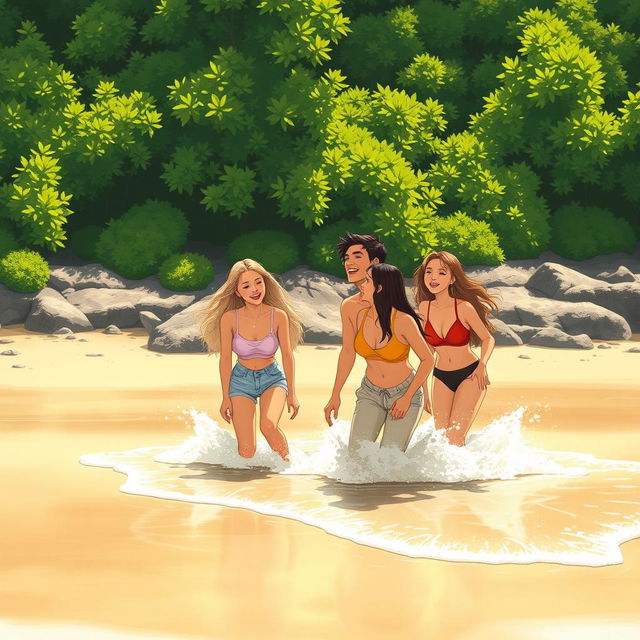 A serene scene capturing the essence of nature and freedom, featuring a group of young adults enjoying a day at the beach