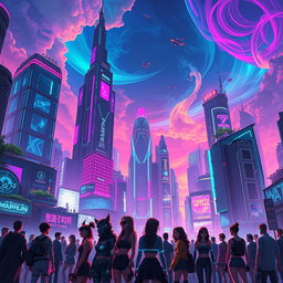 A vibrant and visually striking cyberpunk future, set in a dark fantasy realm, featuring a cryptographic cityscape filled with neon lights and colorful holographic projections