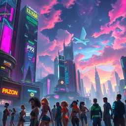 A vibrant and visually striking cyberpunk future, set in a dark fantasy realm, featuring a cryptographic cityscape filled with neon lights and colorful holographic projections
