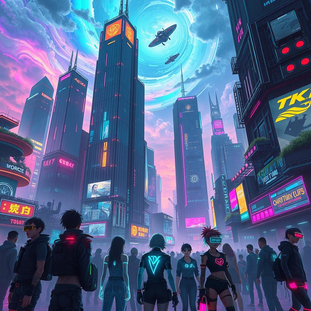 A vibrant and visually striking cyberpunk future, set in a dark fantasy realm, featuring a cryptographic cityscape filled with neon lights and colorful holographic projections