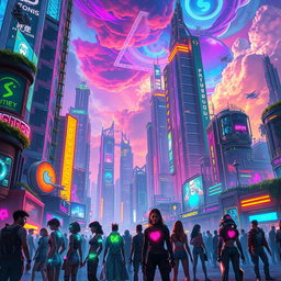 A vibrant and visually striking cyberpunk future, set in a dark fantasy realm, featuring a cryptographic cityscape filled with neon lights and colorful holographic projections