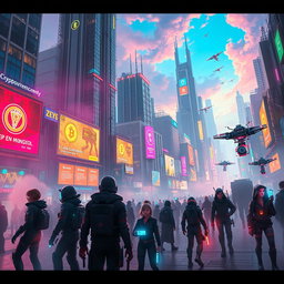 A vibrant and visually captivating cyberpunk future centered around cryptocurrency, set in a dark fantasy universe