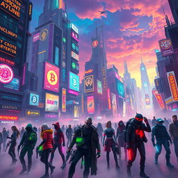 A vibrant and visually captivating cyberpunk future centered around cryptocurrency, set in a dark fantasy universe