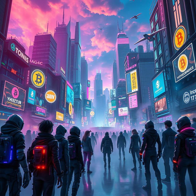 A vibrant and visually captivating cyberpunk future centered around cryptocurrency, set in a dark fantasy universe
