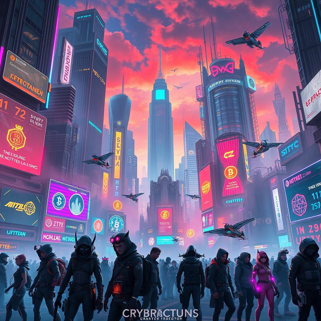 A vibrant and visually captivating cyberpunk future centered around cryptocurrency, set in a dark fantasy universe