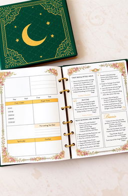A beautifully designed Ramadhan planner, featuring intricate Islamic geometric patterns and calligraphy, divided into sections for daily prayer times, Quran reading schedules, and a personal reflection area
