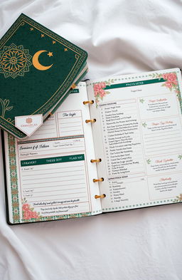 A beautifully designed Ramadhan planner, featuring intricate Islamic geometric patterns and calligraphy, divided into sections for daily prayer times, Quran reading schedules, and a personal reflection area