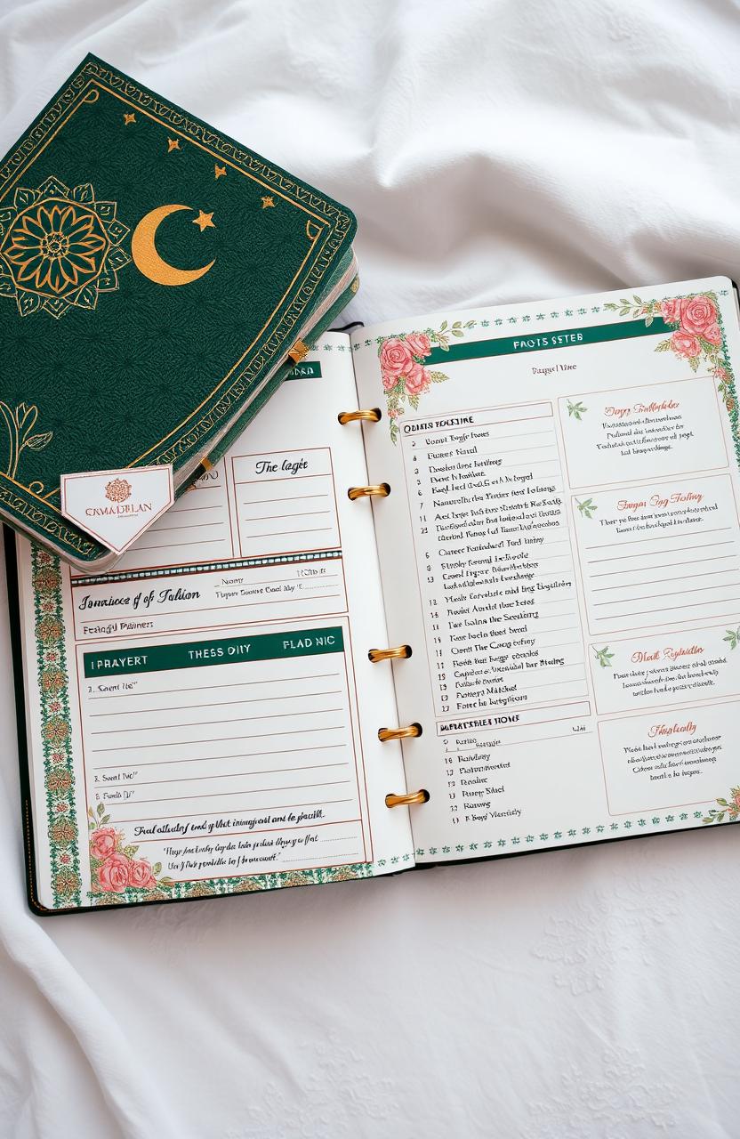 A beautifully designed Ramadhan planner, featuring intricate Islamic geometric patterns and calligraphy, divided into sections for daily prayer times, Quran reading schedules, and a personal reflection area