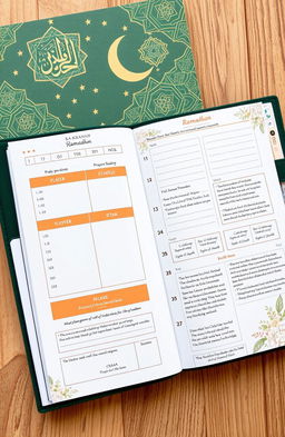 A beautifully designed Ramadhan planner, featuring intricate Islamic geometric patterns and calligraphy, divided into sections for daily prayer times, Quran reading schedules, and a personal reflection area