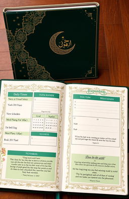 A beautifully designed Ramadhan planner, featuring intricate Islamic geometric patterns and calligraphy, divided into sections for daily prayer times, Quran reading schedules, and a personal reflection area