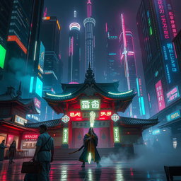 A captivating scene set in a cyberpunk dark city where traditional Japanese architecture meets futuristic technology