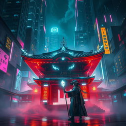 A captivating scene set in a cyberpunk dark city where traditional Japanese architecture meets futuristic technology