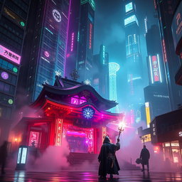 A captivating scene set in a cyberpunk dark city where traditional Japanese architecture meets futuristic technology