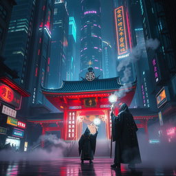 A captivating scene set in a cyberpunk dark city where traditional Japanese architecture meets futuristic technology