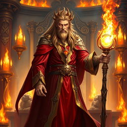 A male wizard character from Dungeons & Dragons, styled as a powerful King of Fire