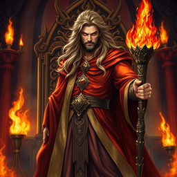 A male wizard character from Dungeons & Dragons, styled as a powerful King of Fire