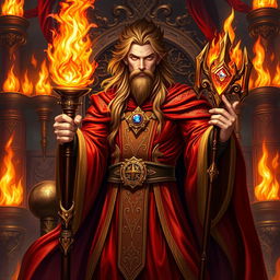 A male wizard character from Dungeons & Dragons, styled as a powerful King of Fire